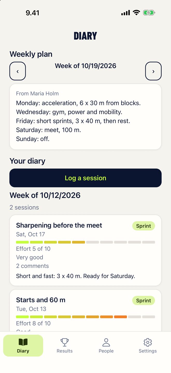 The diary in Coachlog: this week’s plan from the coach and the latest training sessions.