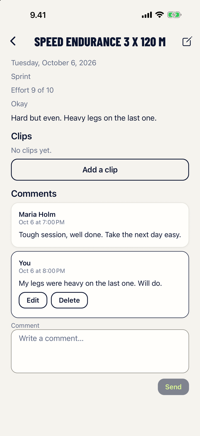 A training session in Coachlog with a comment thread between coach and athlete.