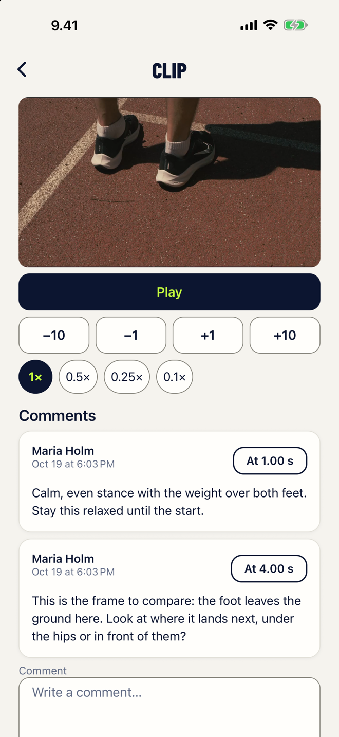 A clip in Coachlog: the player with frame-by-frame controls and the coach’s comments at exact times.