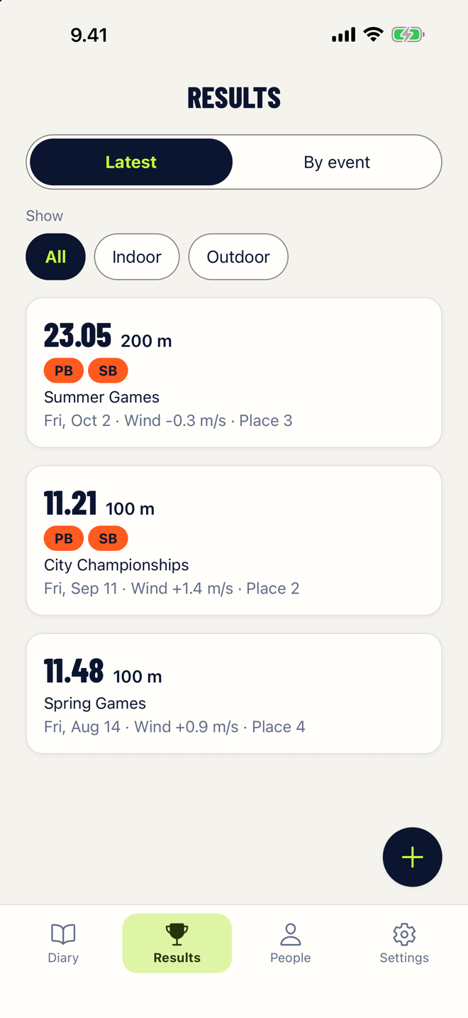 The results list in Coachlog with personal and season bests marked.