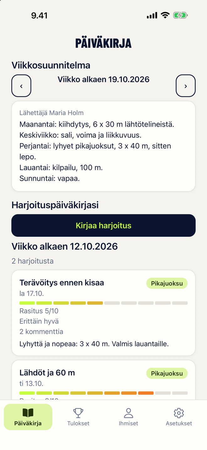 Päiväkirja Coachlogissa: valmentajan viikon suunnitelma ja viimeisimmät harjoitukset.