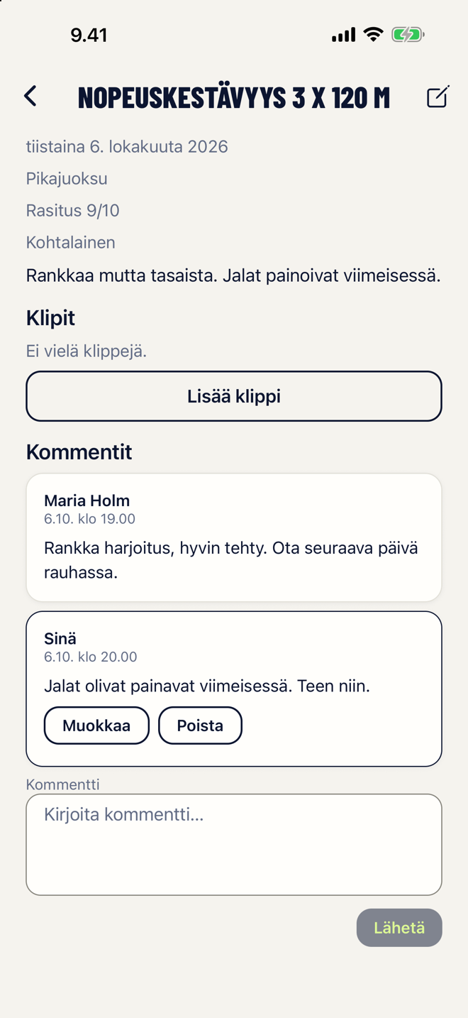 Harjoitus Coachlogissa ja valmentajan ja urheilijan välinen kommenttiketju.