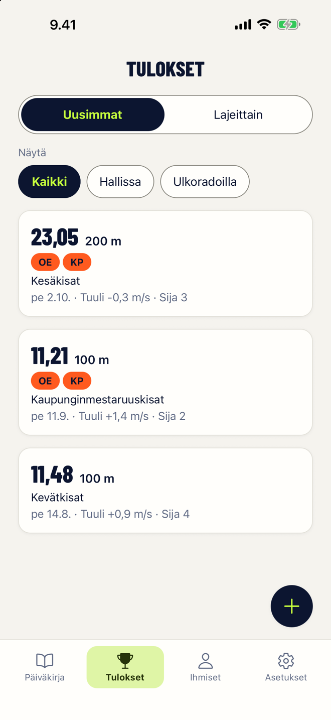 Tuloslista Coachlogissa, oma ennätys ja kauden paras merkittyinä.