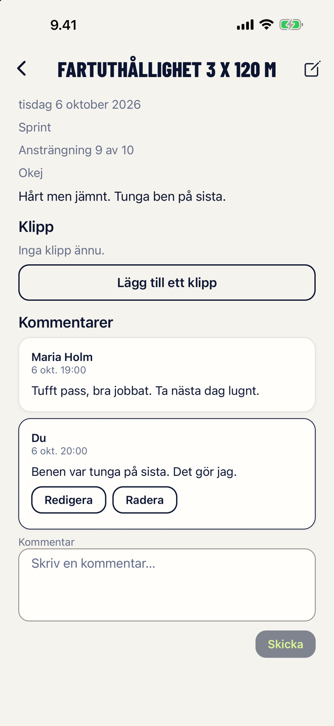 Ett träningspass i Coachlog med en kommentarstråd mellan tränare och idrottare.
